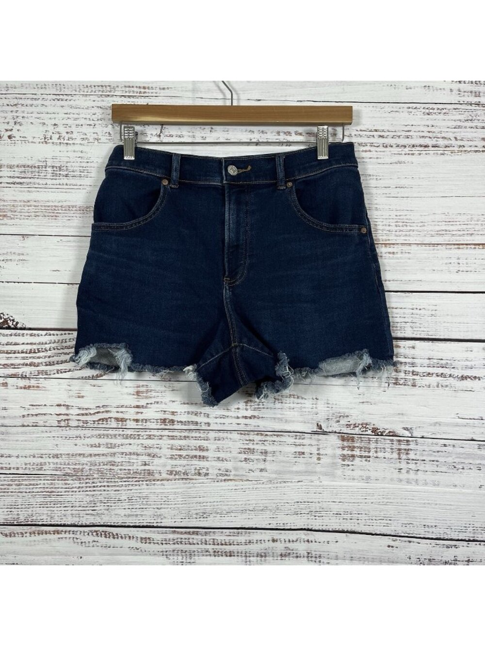 Express Blue Mom Super High Rise Distressed Shorts